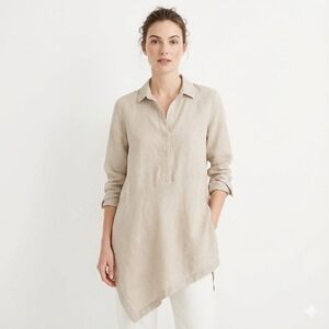 J.Jill Love Linen Tunic Shirt Size S Tan Asymmetrical Hem Long Sleeve Lagenlook
